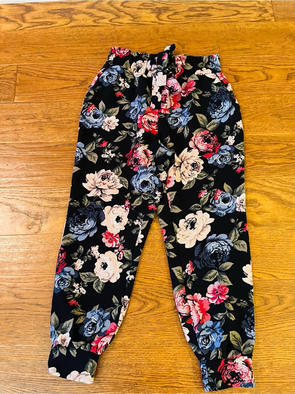 Black Floral Jogger Pants with Elastic Waist